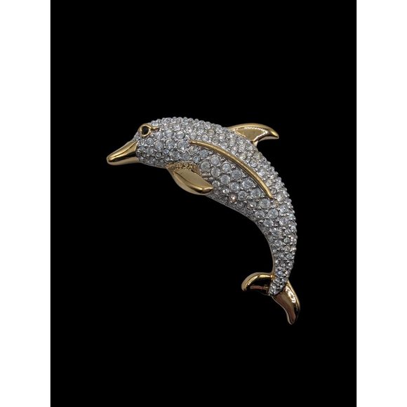 Swarovski Jewelry - Swarovski Gold Tone Clear Crystals Gemstone Decorated Dolphin Brooch Pin